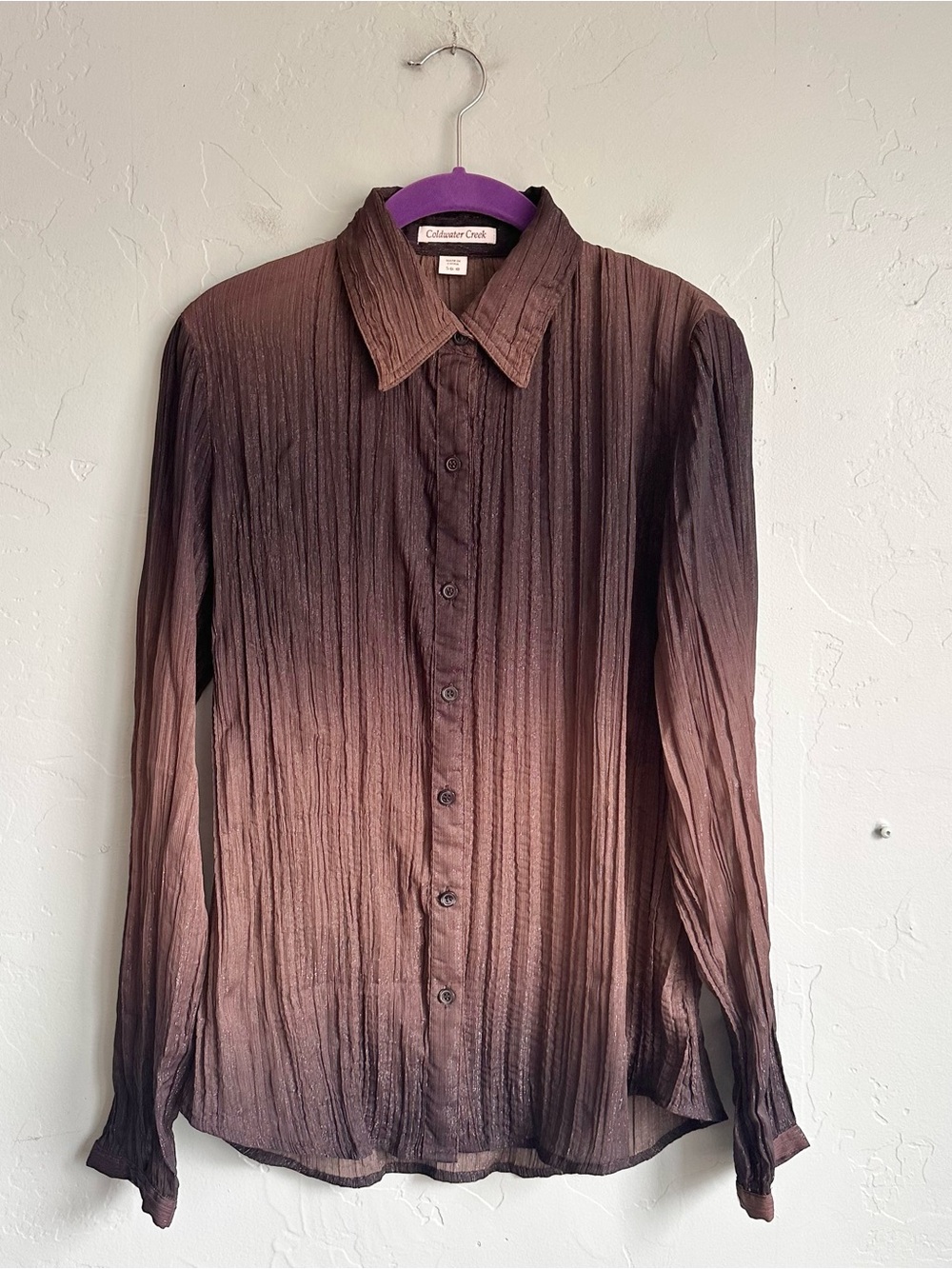 Coldwater Creek Fall Brown Sheer Shimmer Gradient Crinkle Button Up Blouse Small